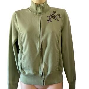 Prospirit Green Knit Jacket with Embroidered Flower Woman Size Medium Athletic